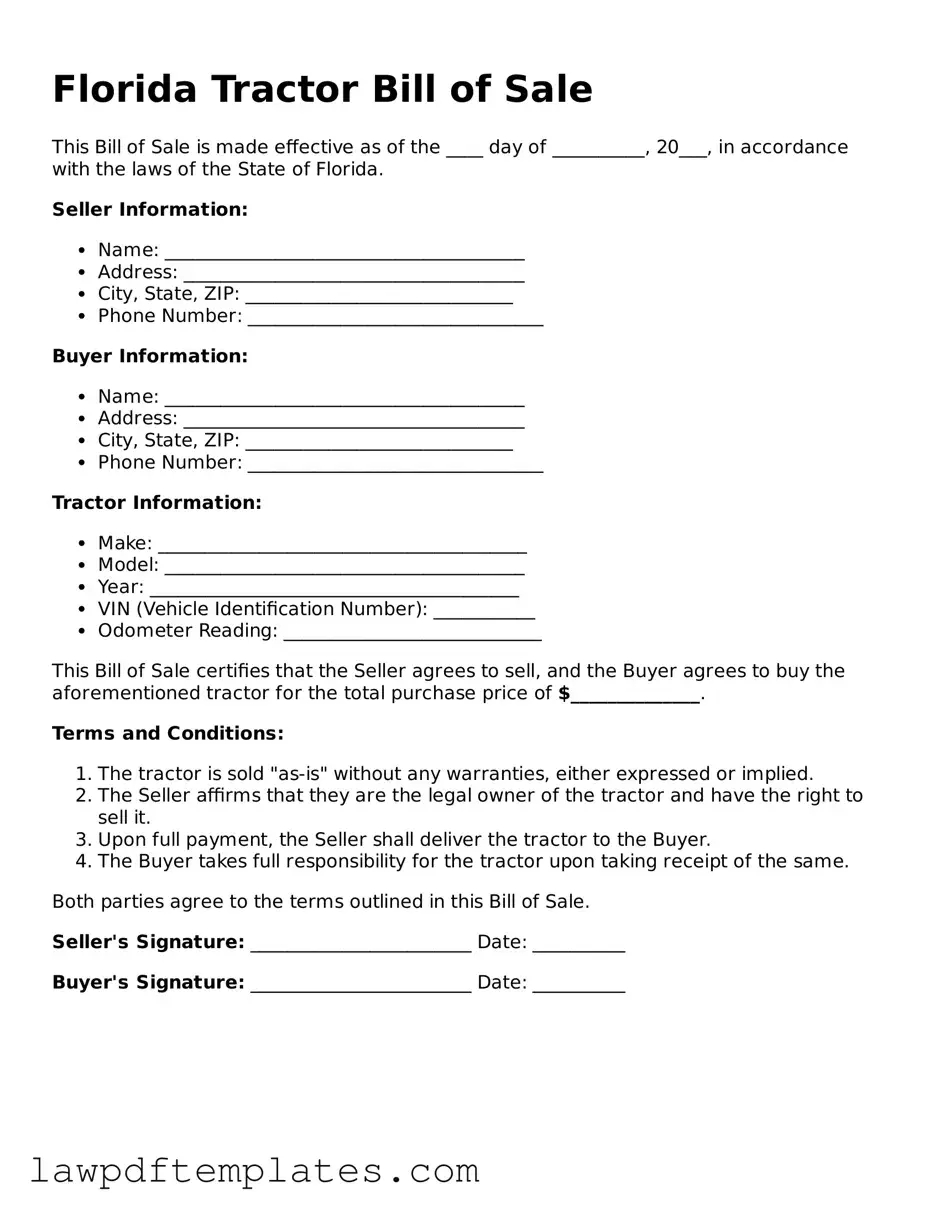 Free Tractor Bill of Sale Template for the State of Florida