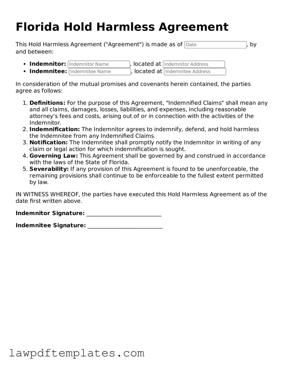 Free Hold Harmless Agreement Template for the State of Florida