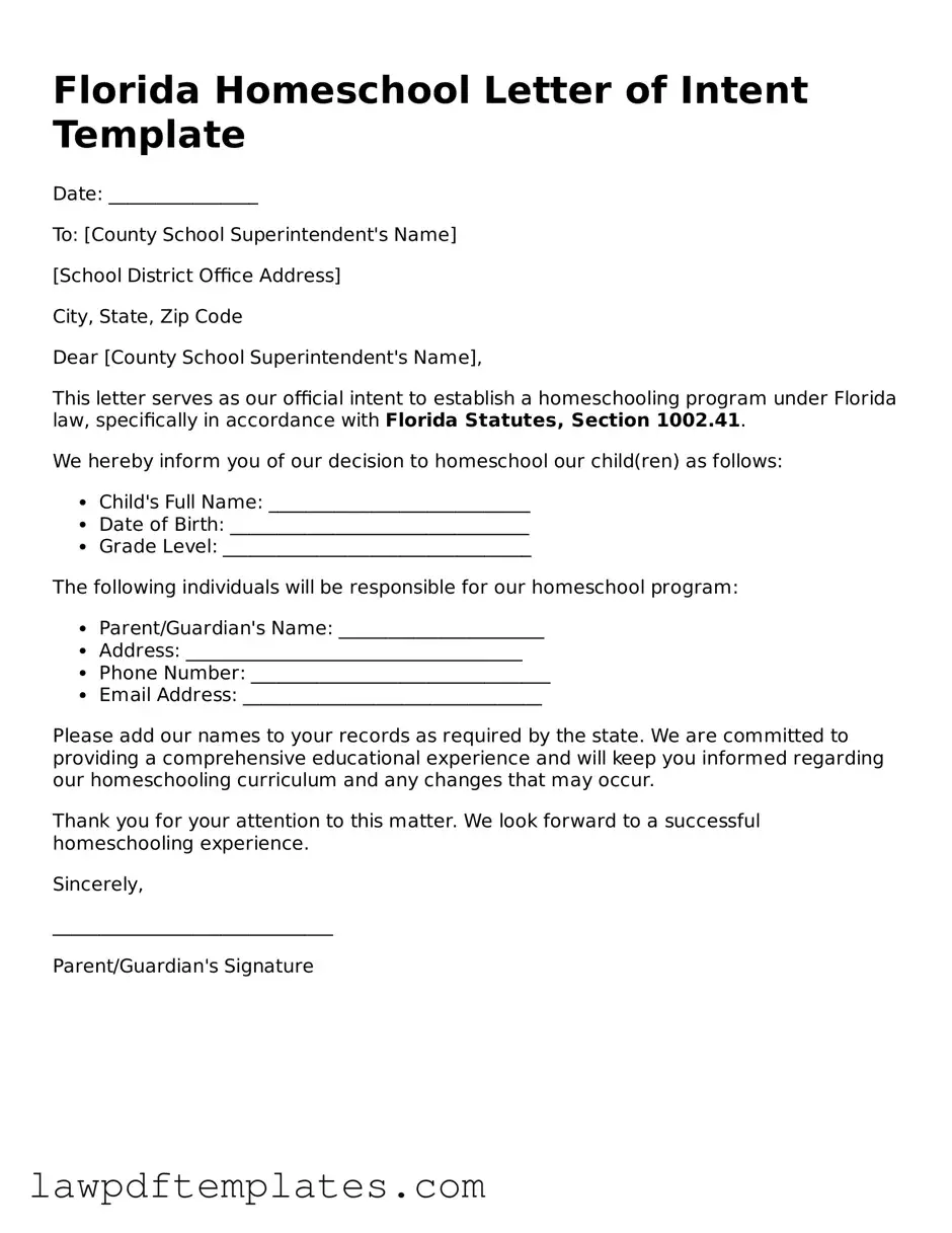 Free Homeschool Letter of Intent Template for the State of Florida