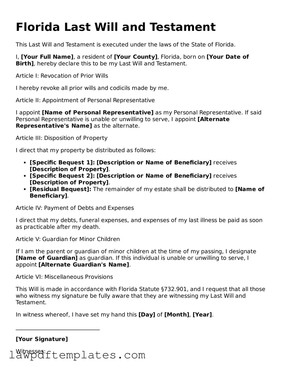 Free Last Will and Testament Template for the State of Florida