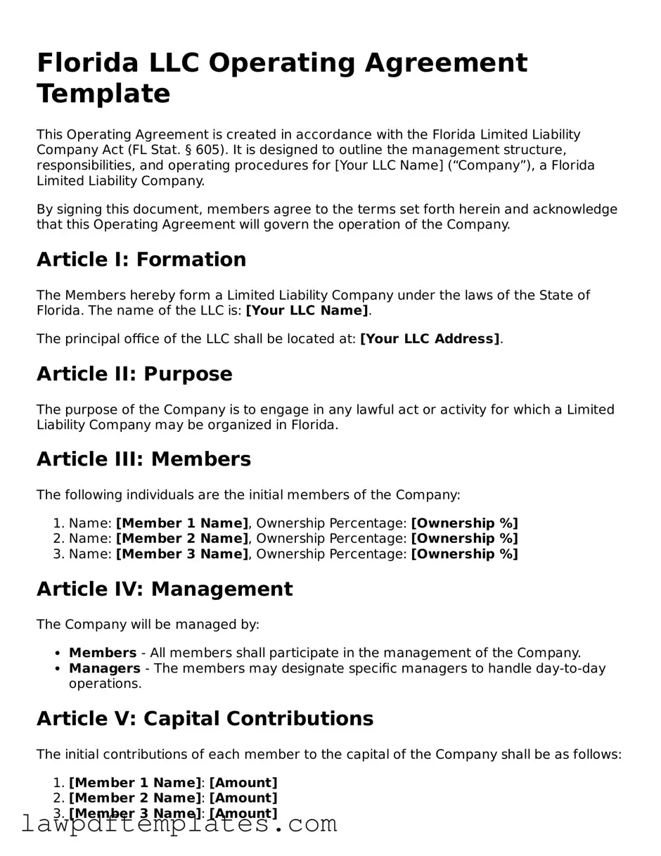 Free Operating Agreement Template for the State of Florida