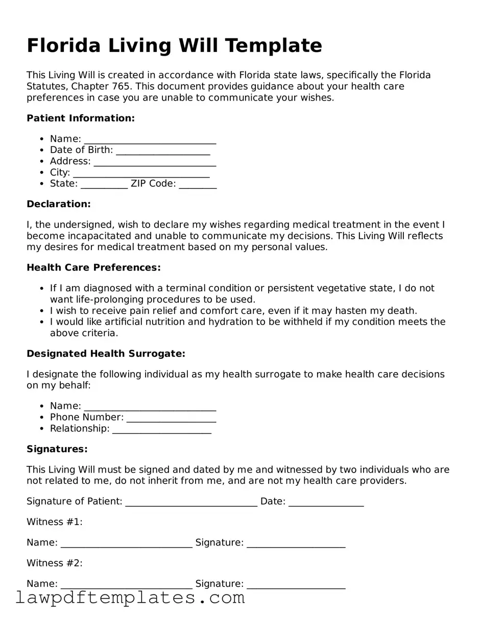 Free Living Will Template for the State of Florida
