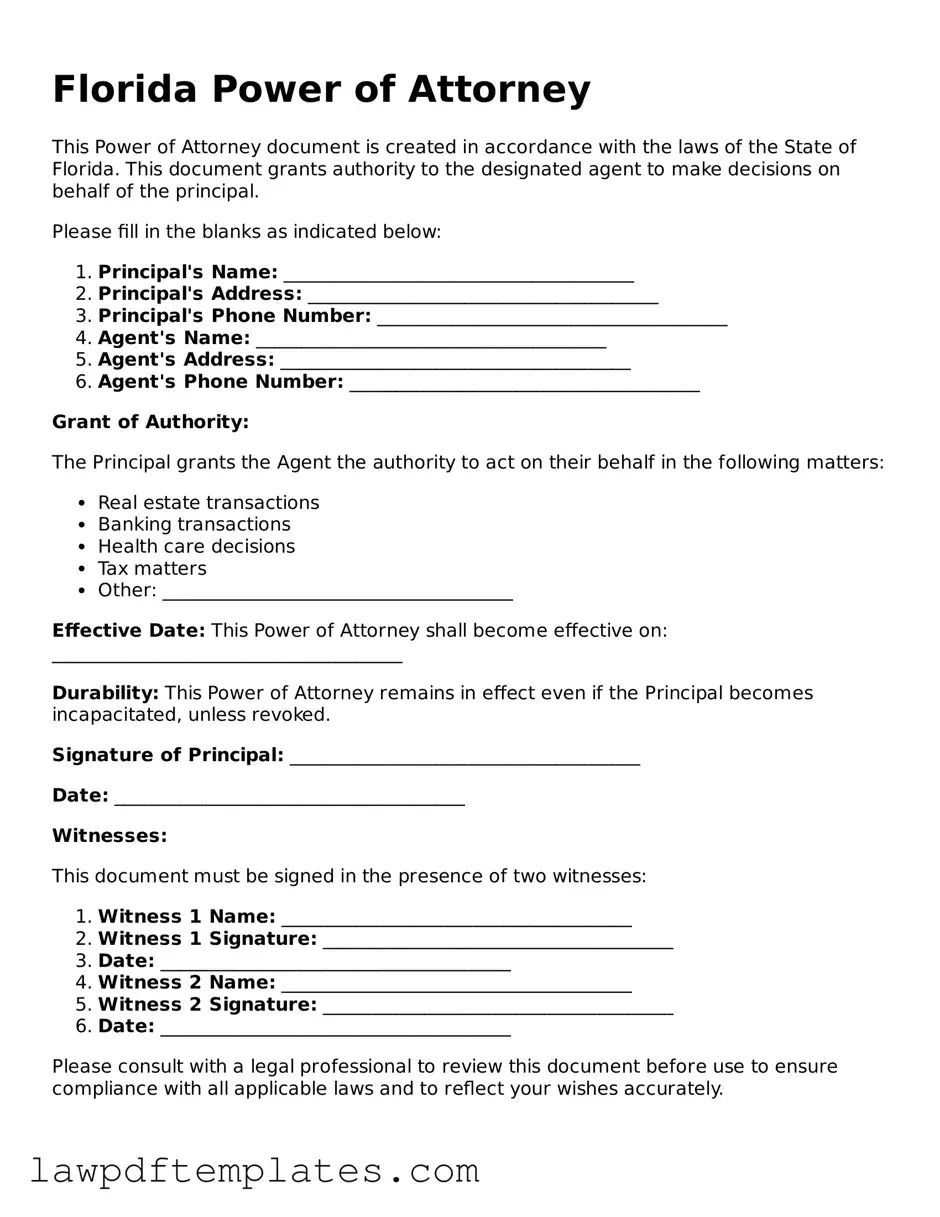 Free Power of Attorney Template for the State of Florida