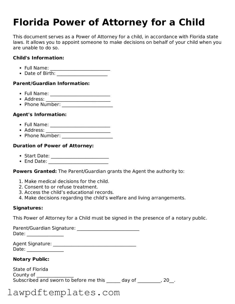 Free Power of Attorney for a Child Template for the State of Florida
