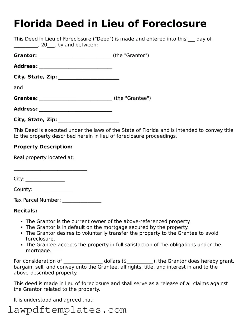 Free Deed in Lieu of Foreclosure Template for the State of Florida