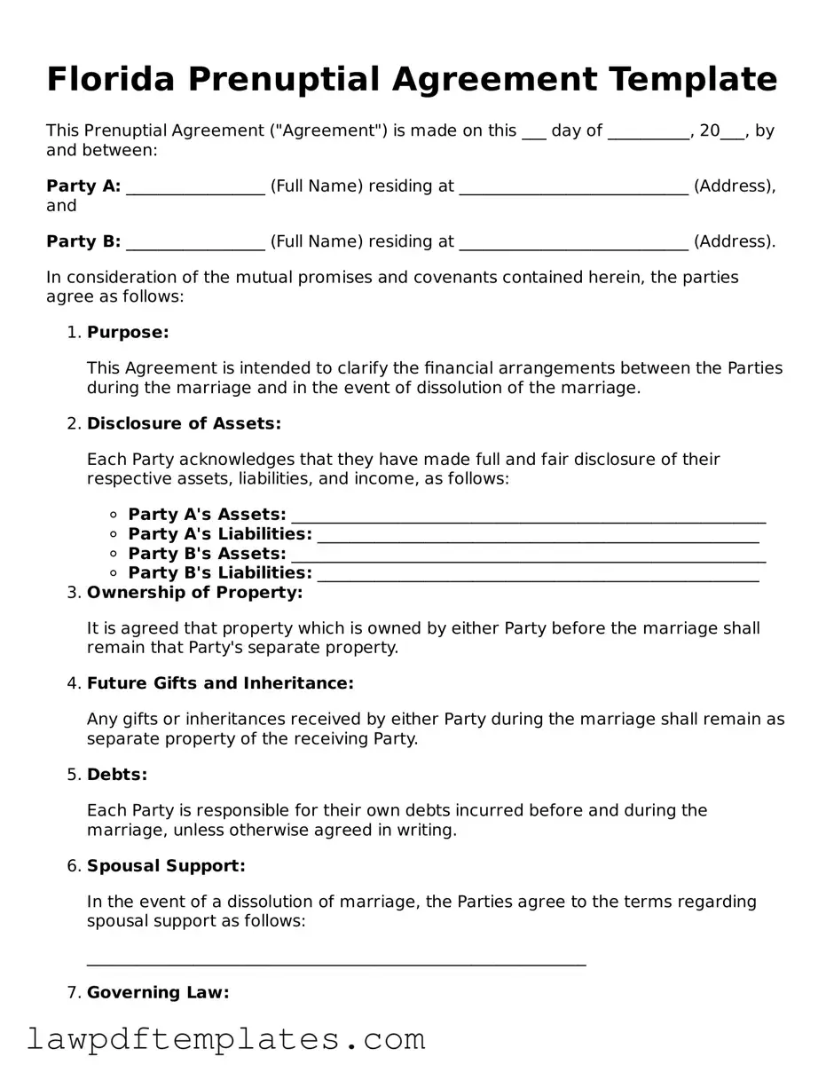 Free Prenuptial Agreement Template for the State of Florida