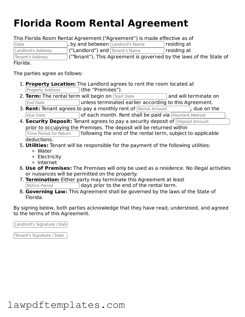 Free Room Rental Agreement Template for the State of Florida