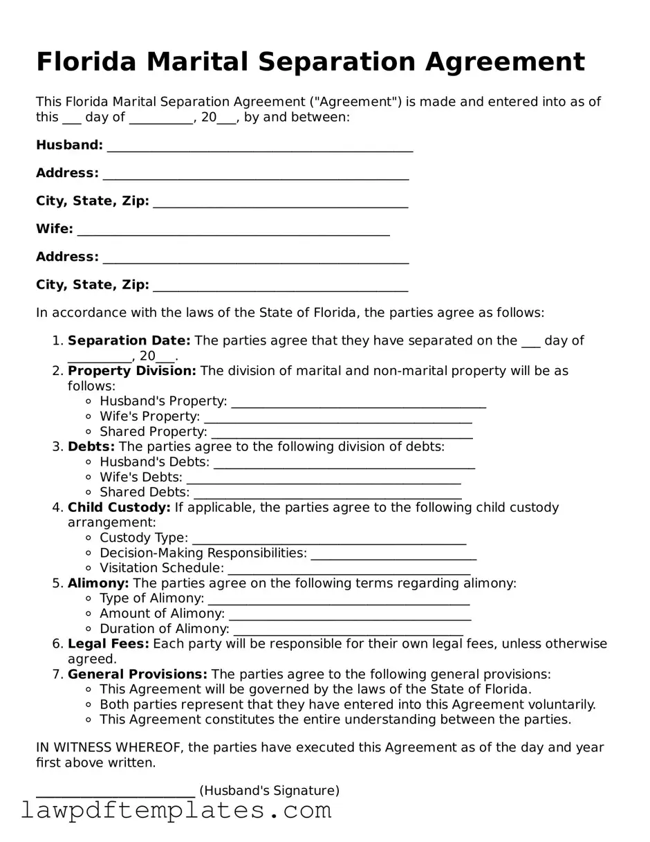 Free Marital Separation Agreement Template for the State of Florida