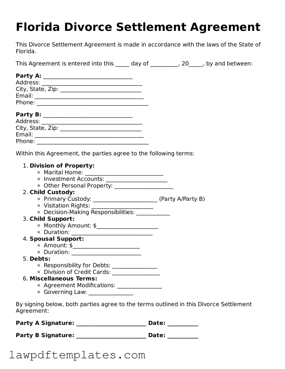 Free Divorce Settlement Agreement Template for the State of Florida