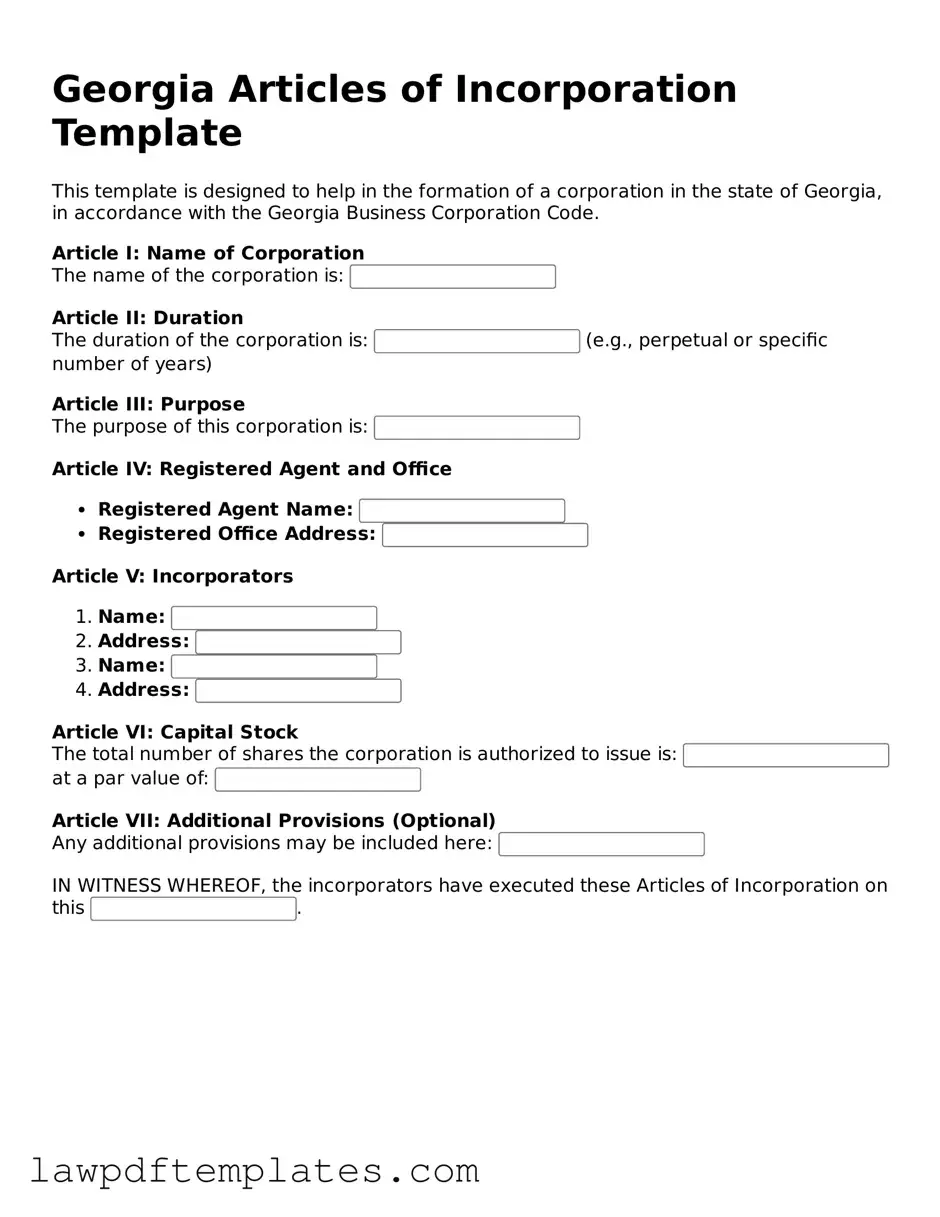Free Articles of Incorporation Template for the State of Georgia