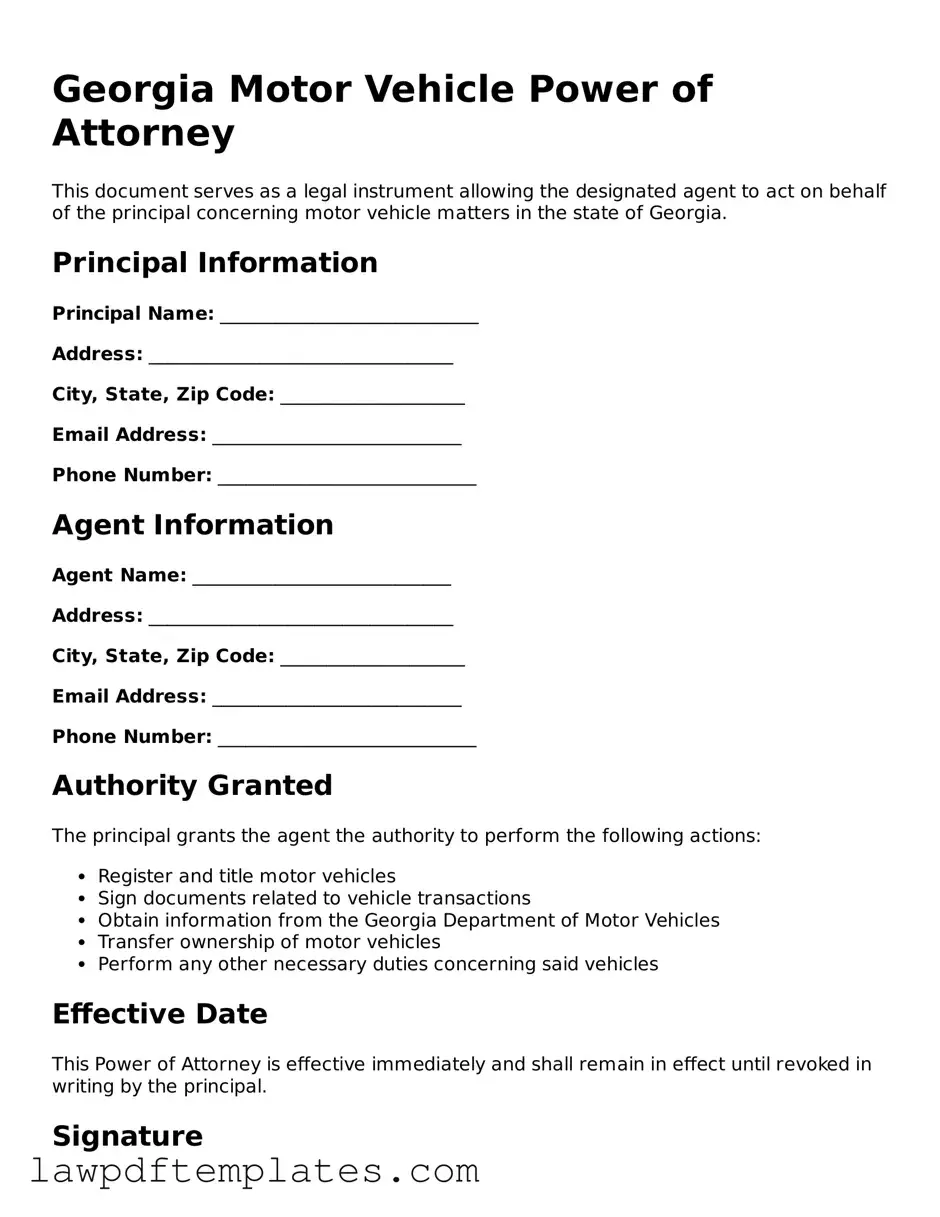 Free Motor Vehicle Power of Attorney Template for the State of Georgia