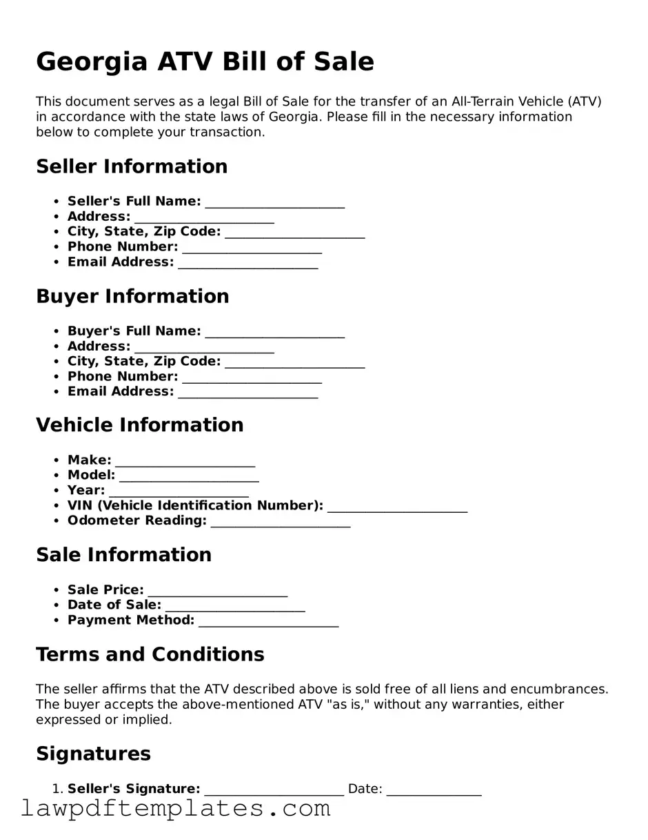 Free ATV Bill of Sale Template for the State of Georgia