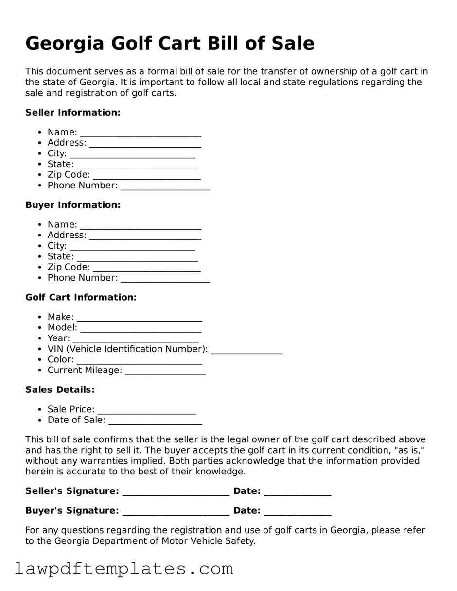 Free Golf Cart Bill of Sale Template for the State of Georgia