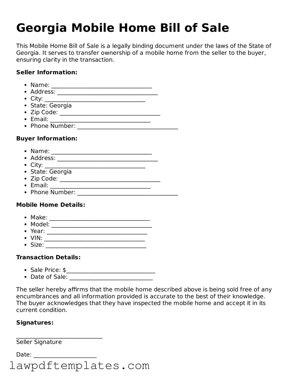 Free Mobile Home Bill of Sale Template for the State of Georgia
