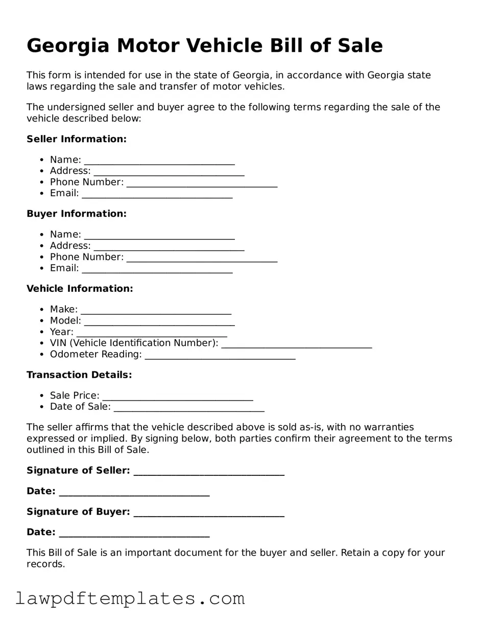 Free Motor Vehicle Bill of Sale Template for the State of Georgia
