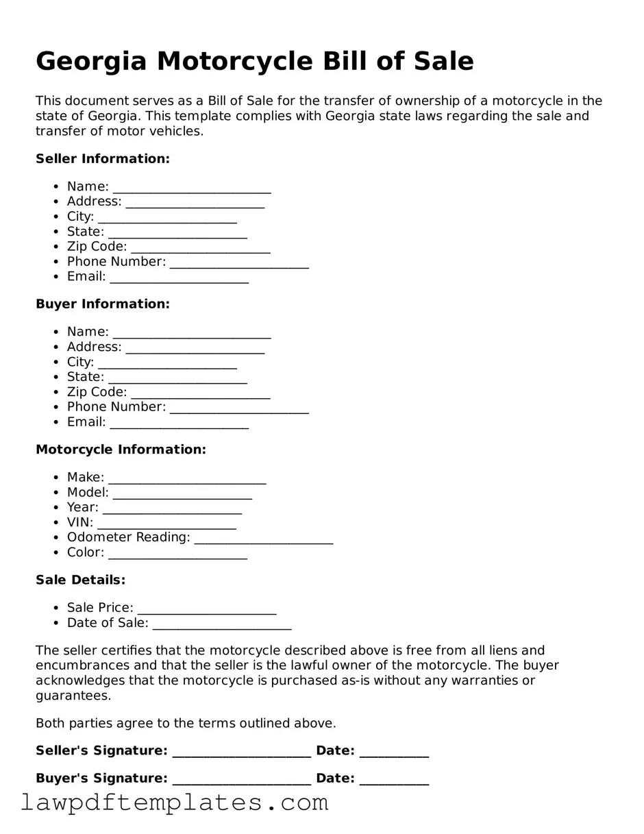 Free Motorcycle Bill of Sale Template for the State of Georgia