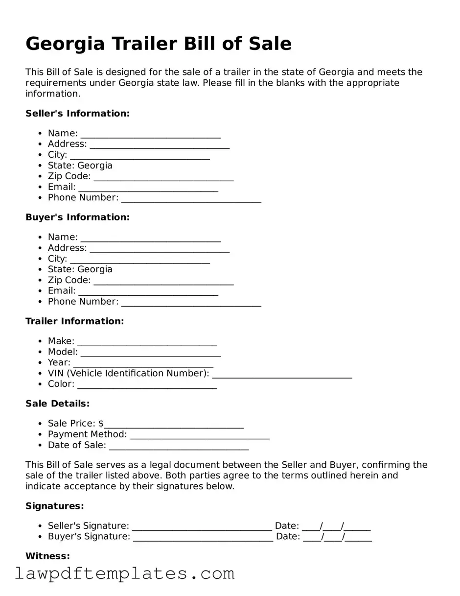 Free Trailer Bill of Sale Template for the State of Georgia