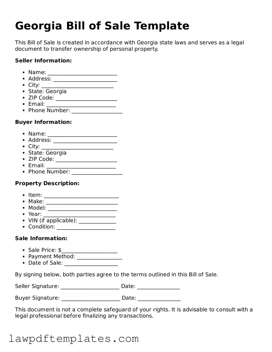 Free Bill of Sale Template for the State of Georgia