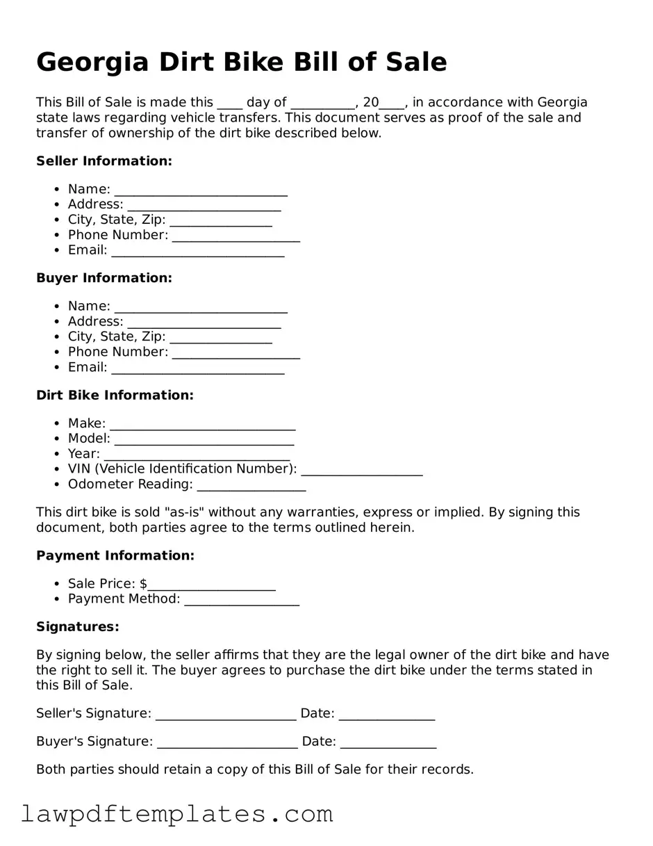 Free Dirt Bike Bill of Sale Template for the State of Georgia