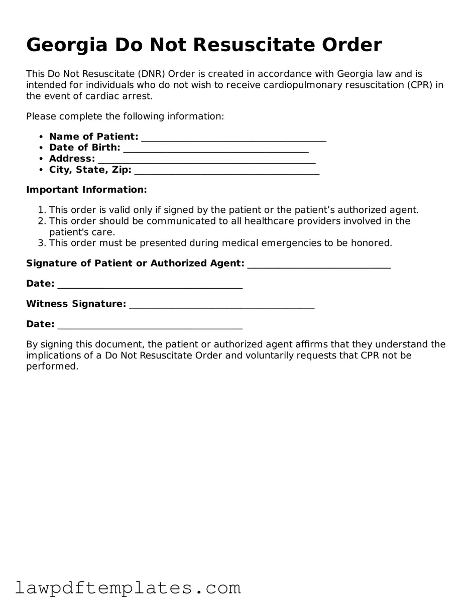 Free Do Not Resuscitate Order Template for the State of Georgia