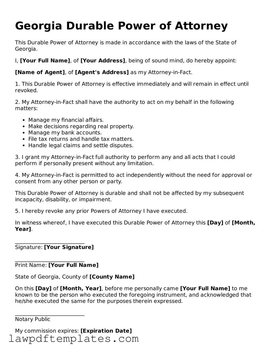Free Durable Power of Attorney Template for the State of Georgia