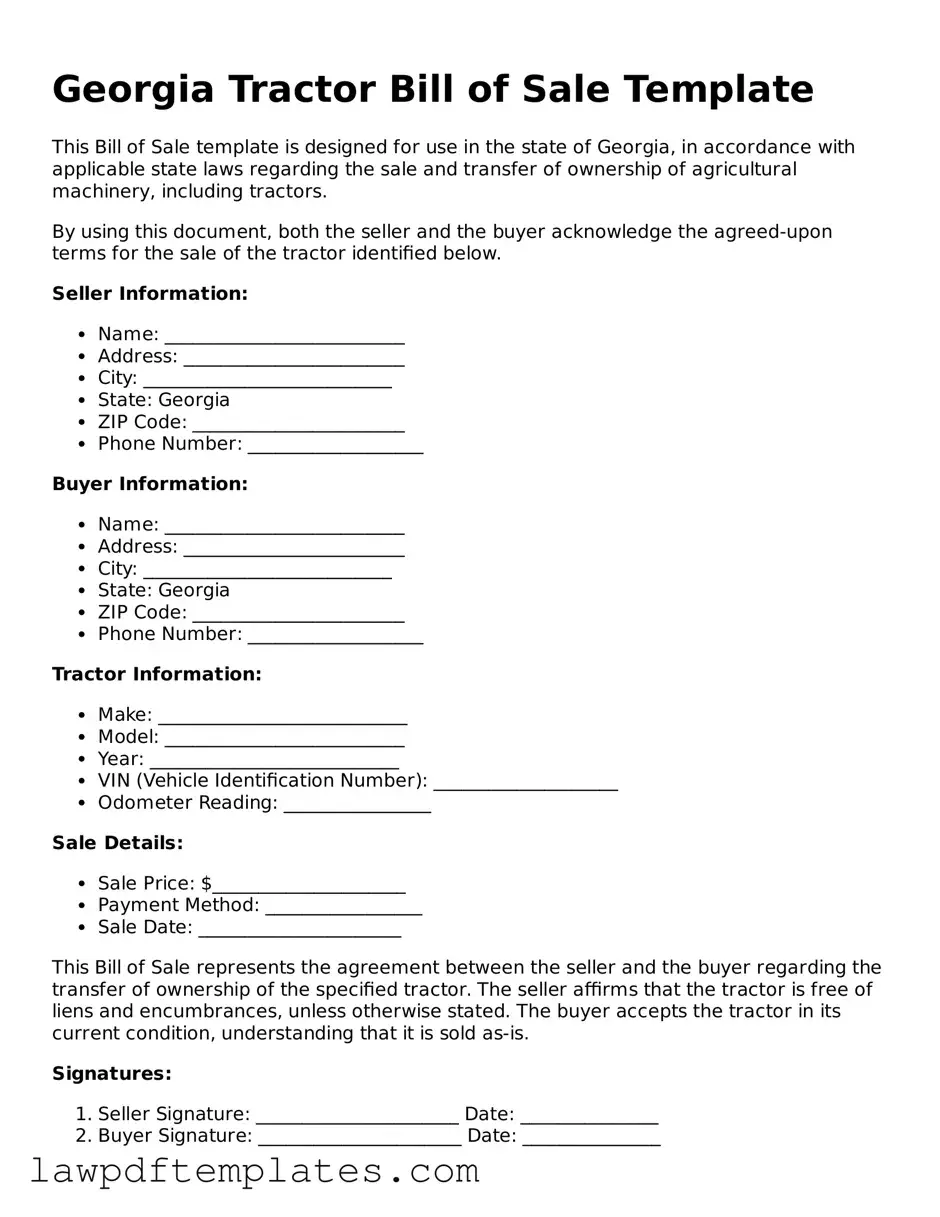 Free Tractor Bill of Sale Template for the State of Georgia