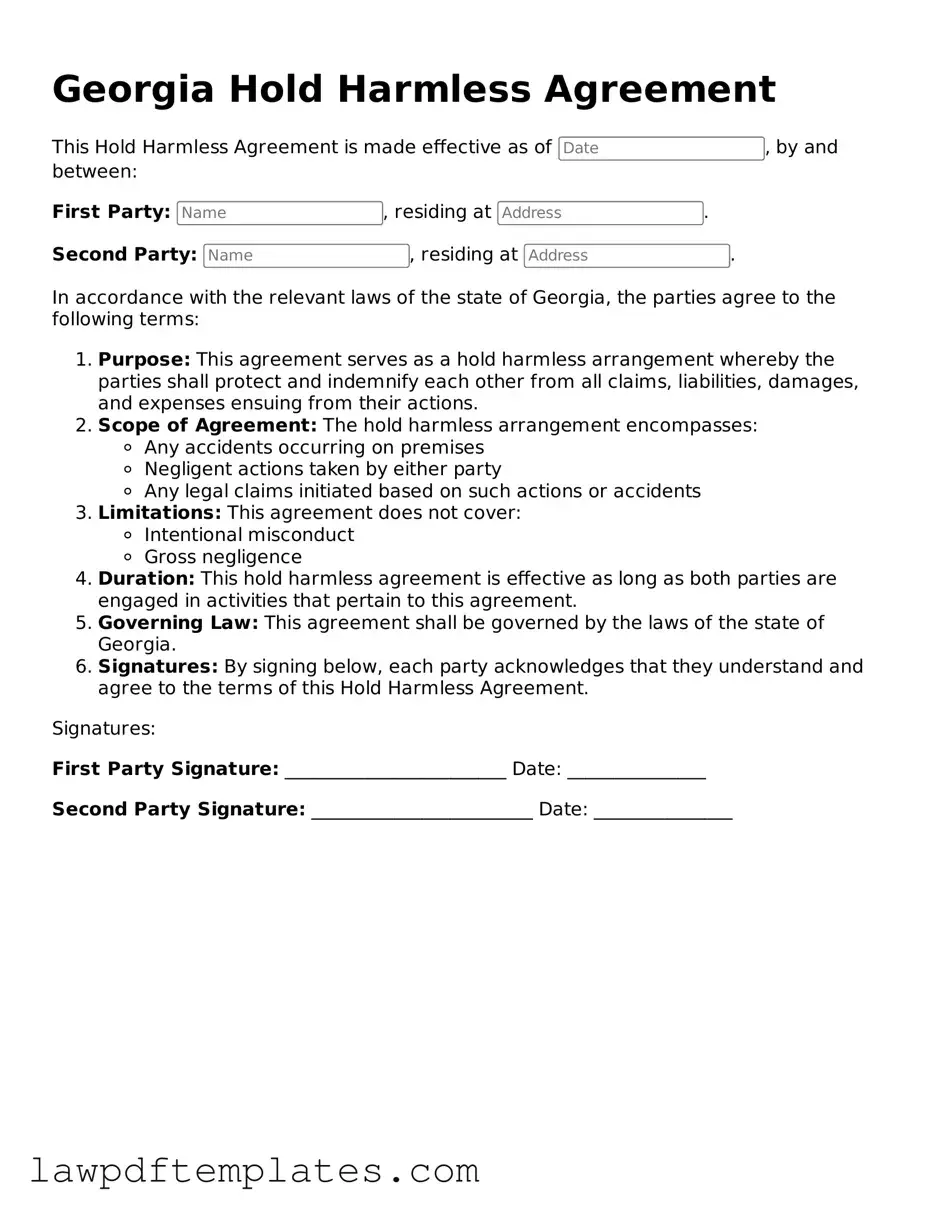 Free Hold Harmless Agreement Template for the State of Georgia