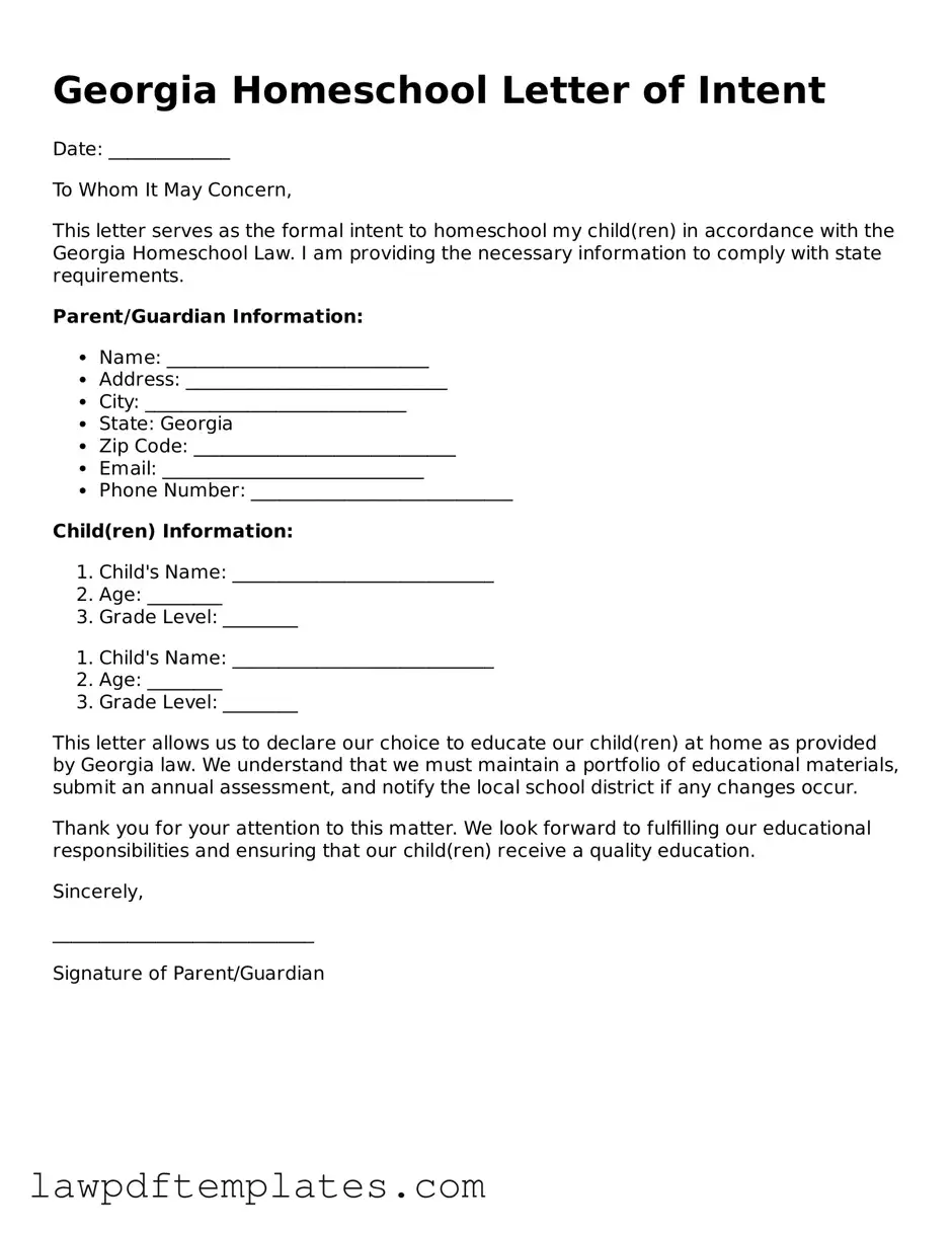 Free Homeschool Letter of Intent Template for the State of Georgia