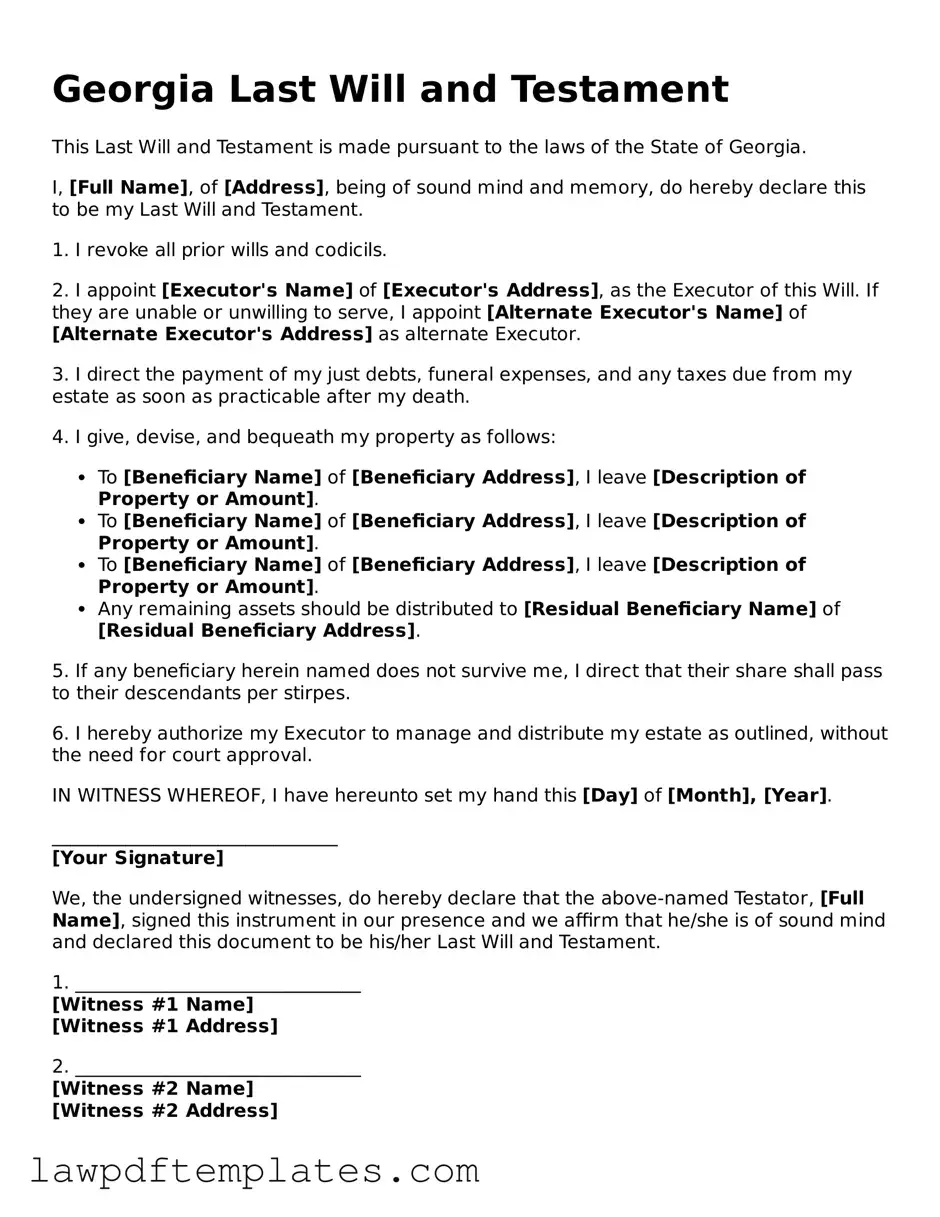 Free Last Will and Testament Template for the State of Georgia