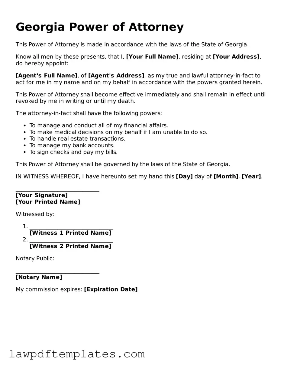 Free Power of Attorney Template for the State of Georgia