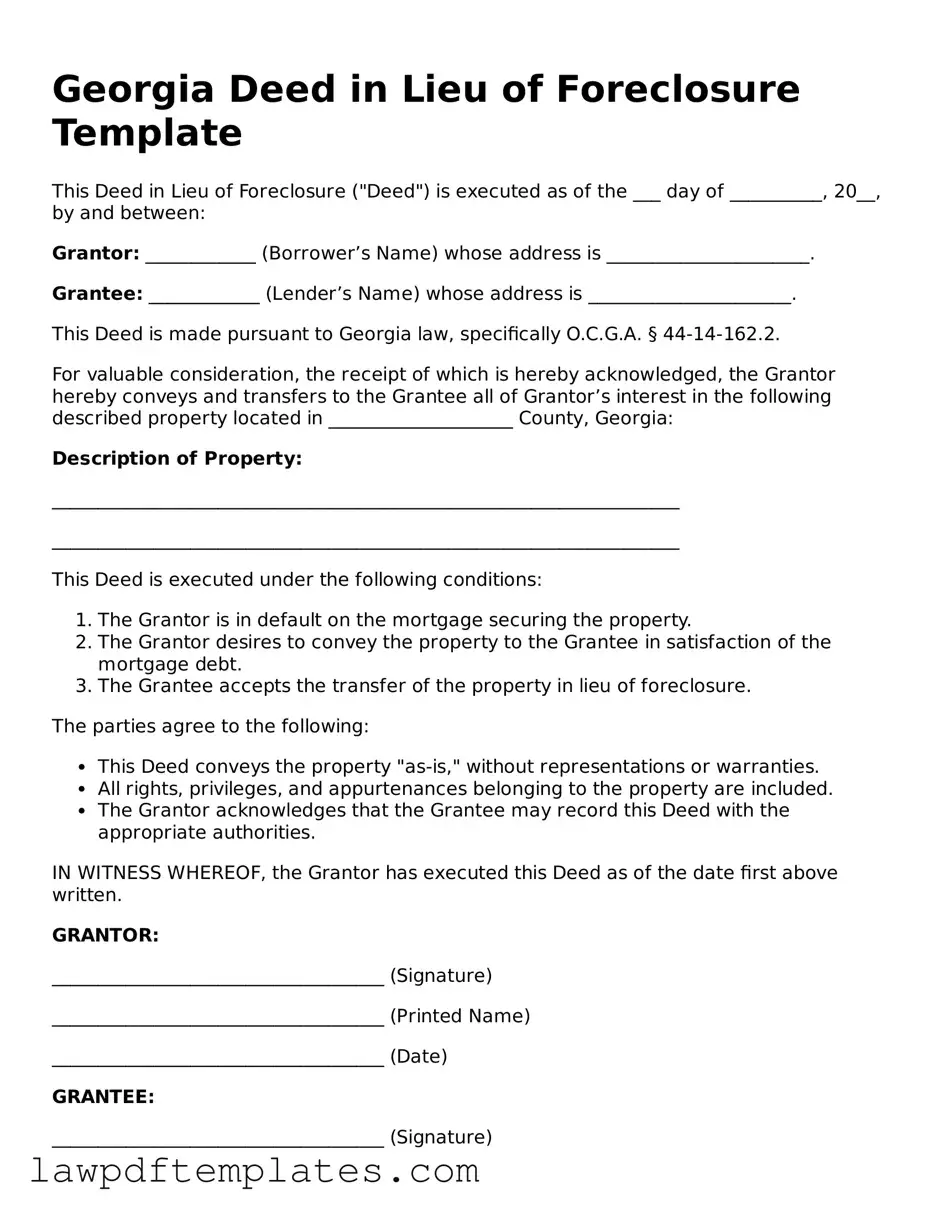 Free Deed in Lieu of Foreclosure Template for the State of Georgia