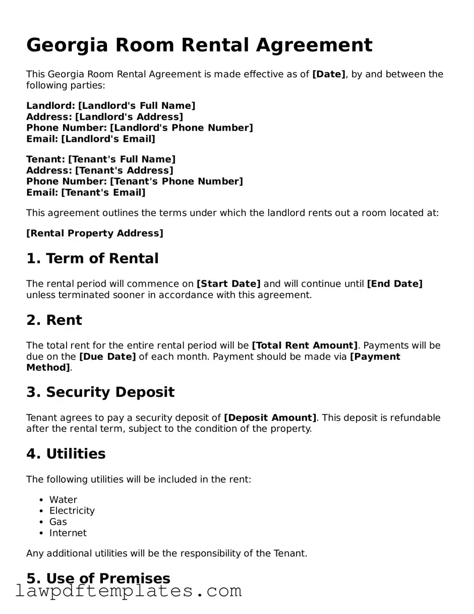 Free Room Rental Agreement Template for the State of Georgia