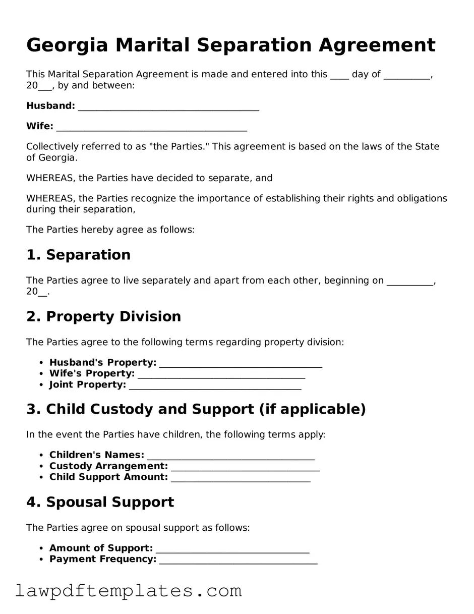 Free Marital Separation Agreement Template for the State of Georgia
