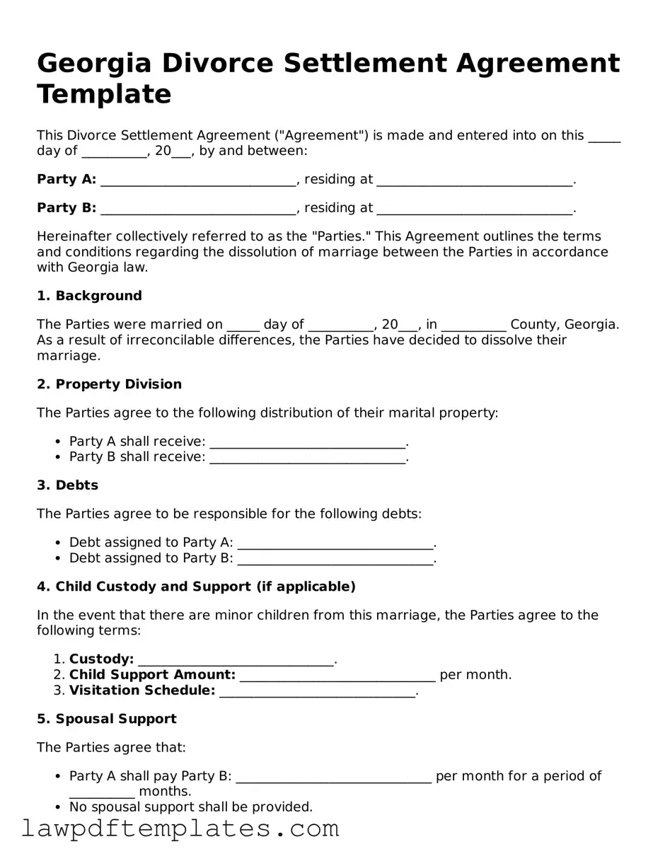 Free Divorce Settlement Agreement Template for the State of Georgia