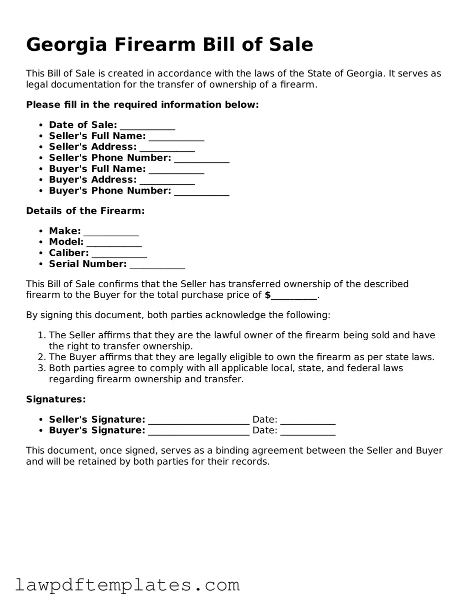 Free Firearm Bill of Sale Template for the State of Georgia