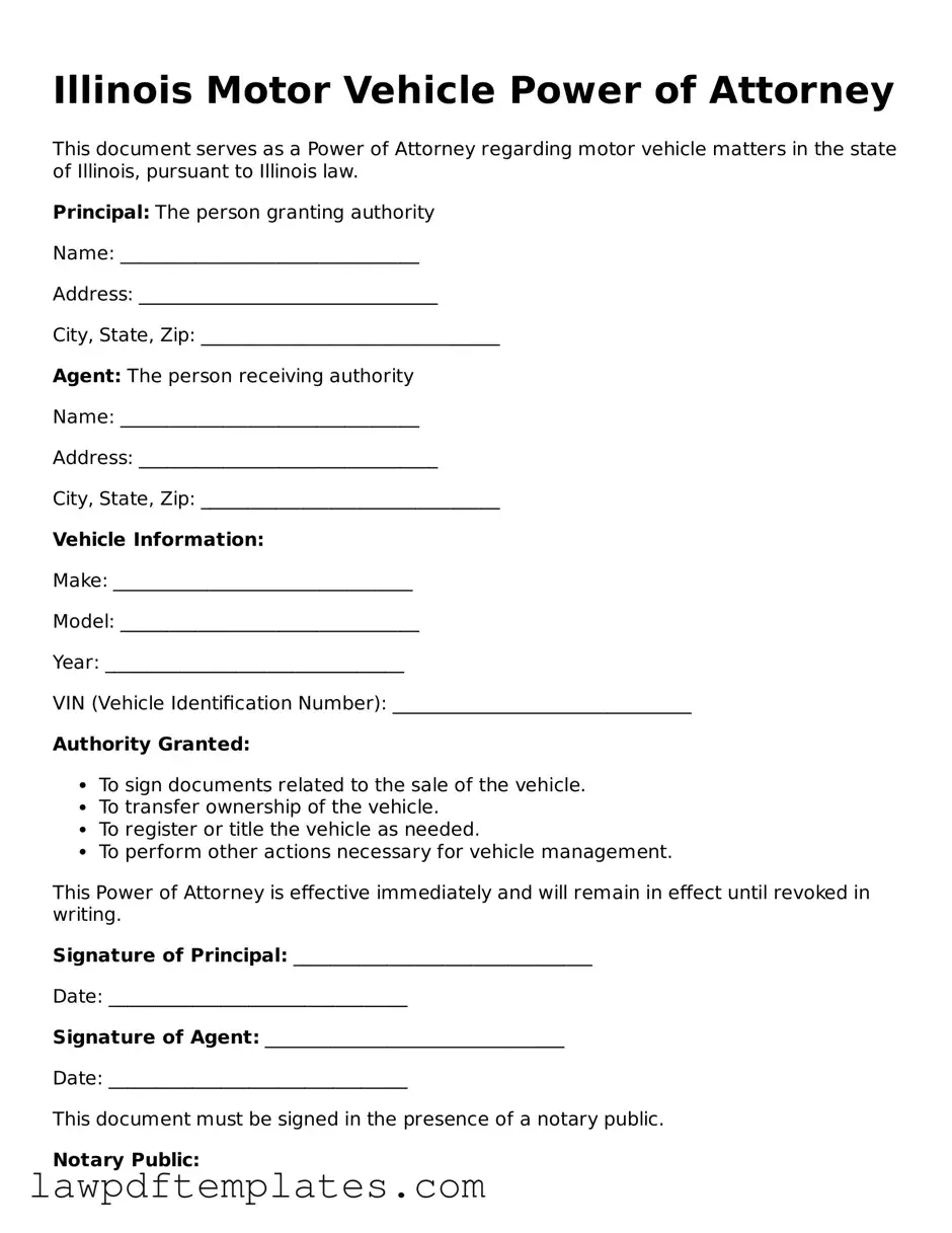 Free Motor Vehicle Power of Attorney Template for the State of Illinois
