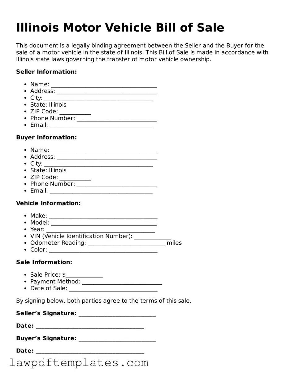 Free Motor Vehicle Bill of Sale Template for the State of Illinois