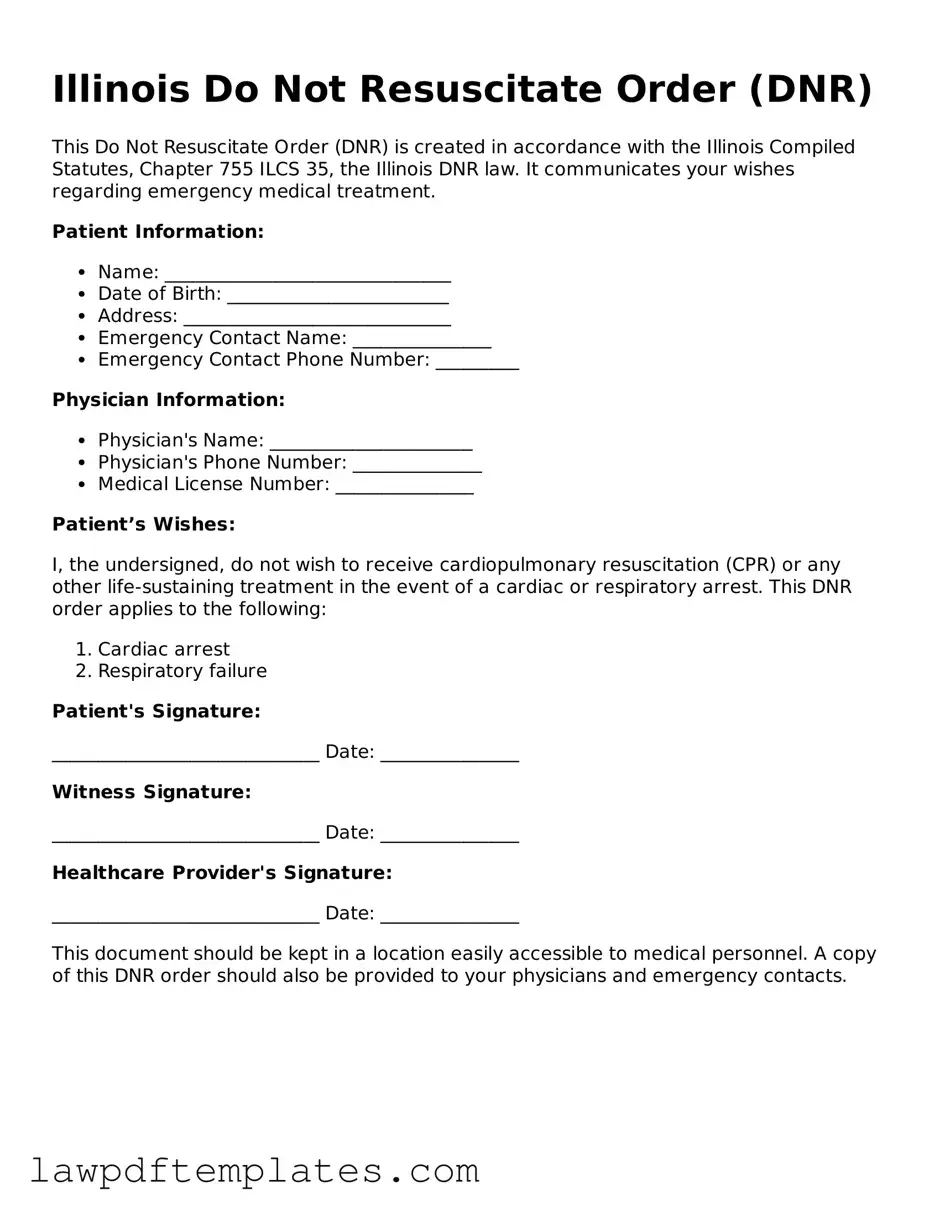 Free Do Not Resuscitate Order Template for the State of Illinois