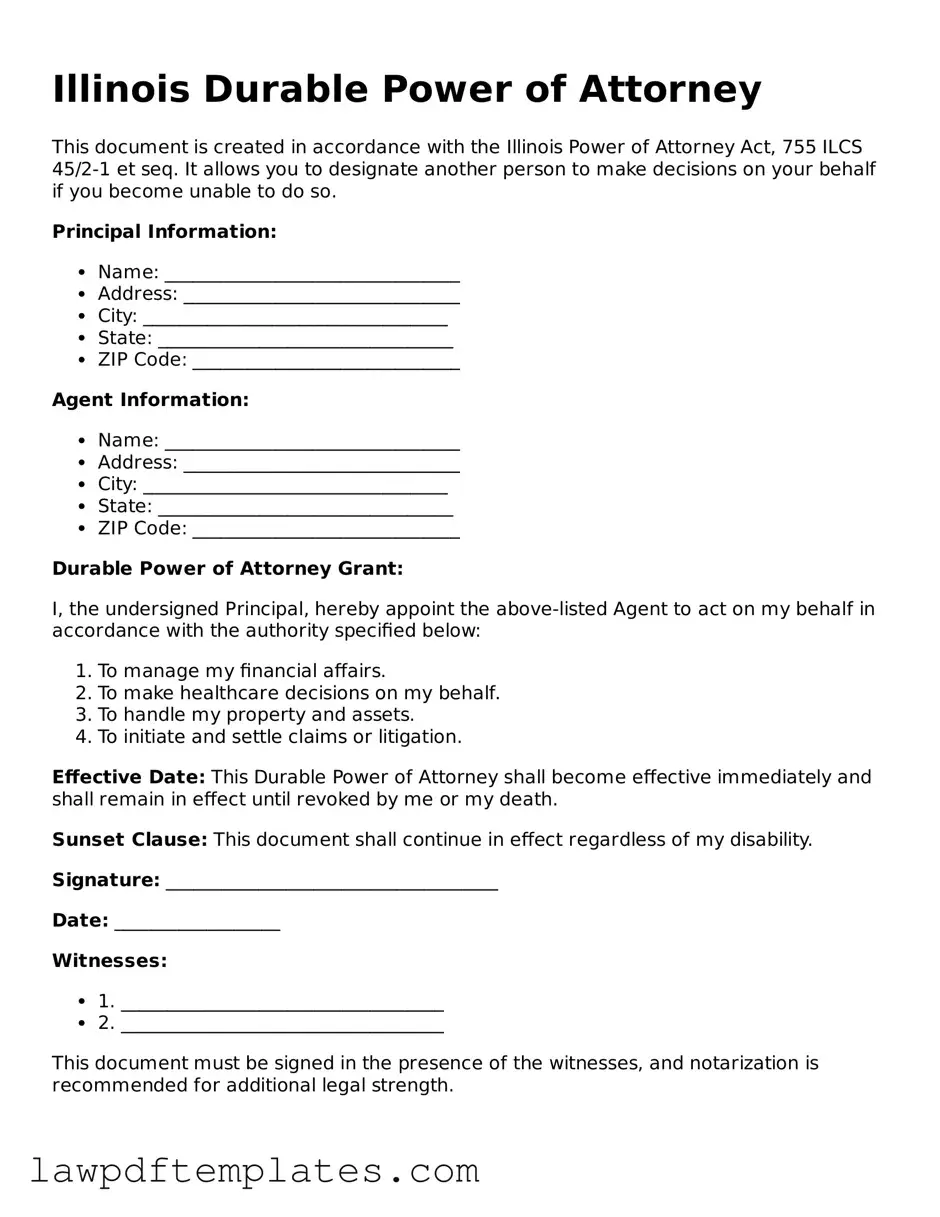 Free Durable Power of Attorney Template for the State of Illinois