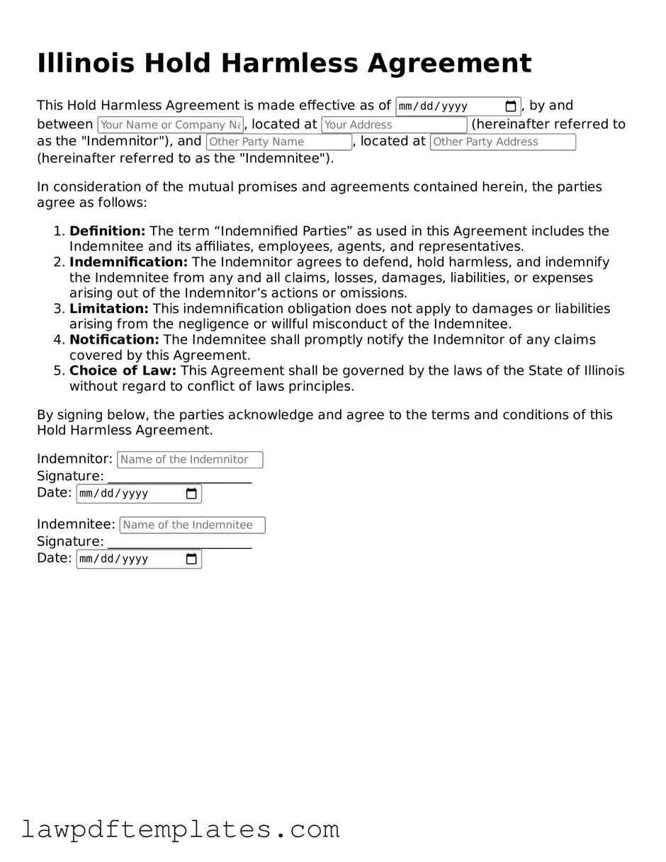 Free Hold Harmless Agreement Template for the State of Illinois
