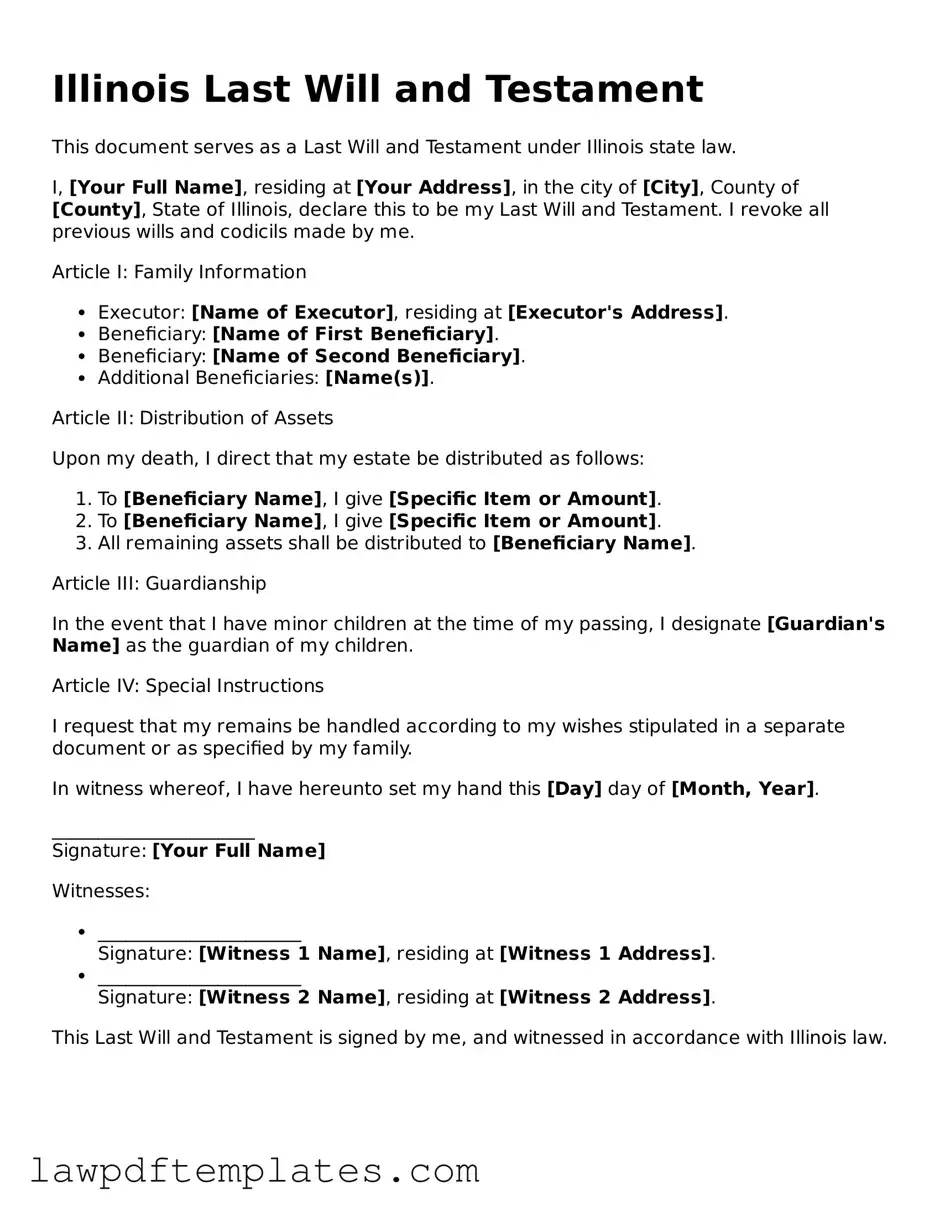 Free Last Will and Testament Template for the State of Illinois