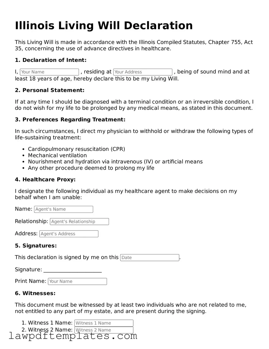 Free Living Will Template for the State of Illinois