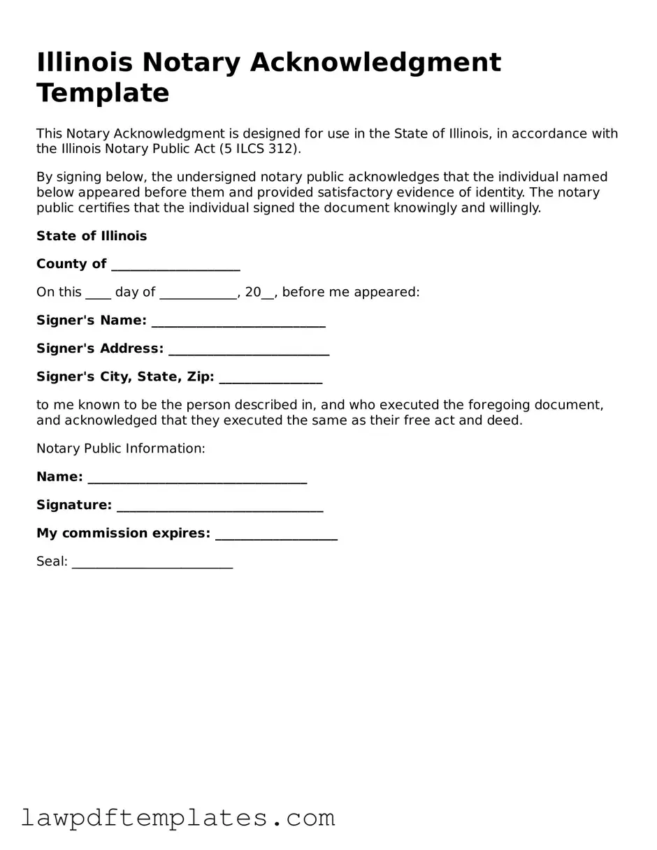 Free Notary Acknowledgement Template for the State of Illinois