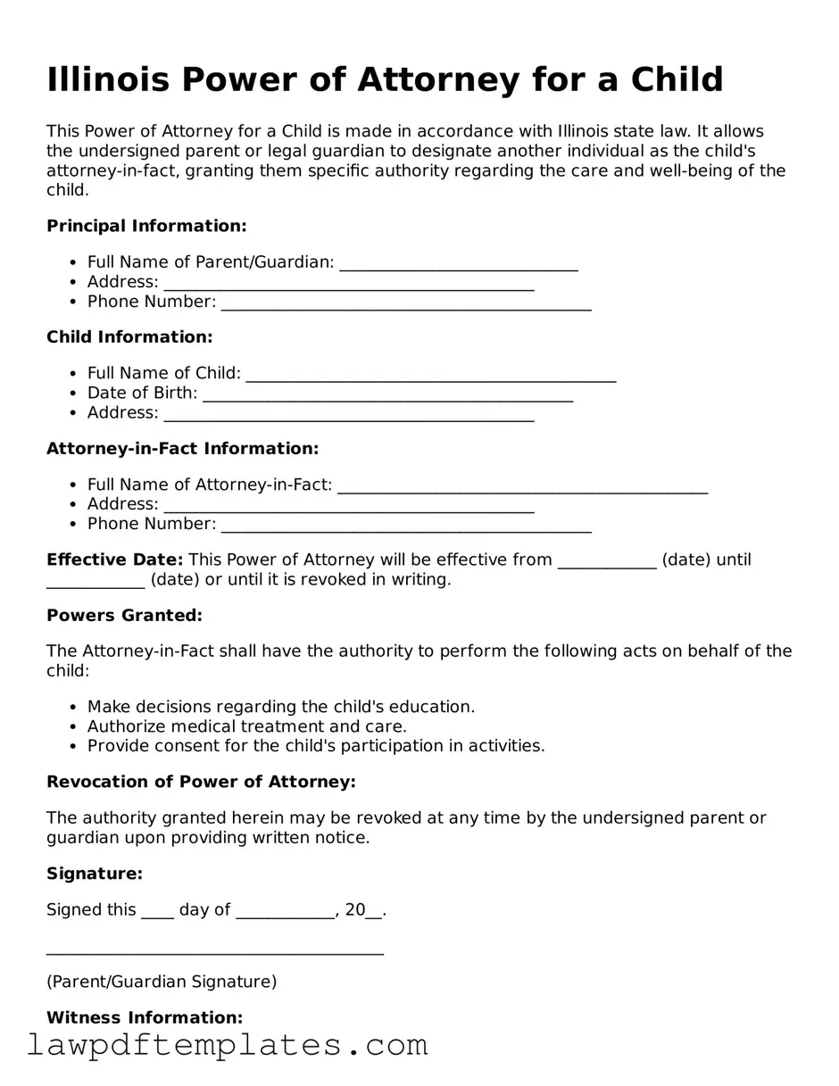 Free Power of Attorney for a Child Template for the State of Illinois