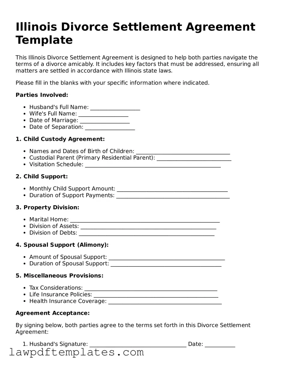 Free Divorce Settlement Agreement Template for the State of Illinois