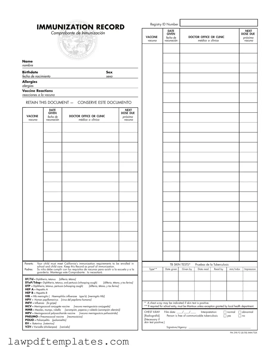 Fillable Immunization Record Template