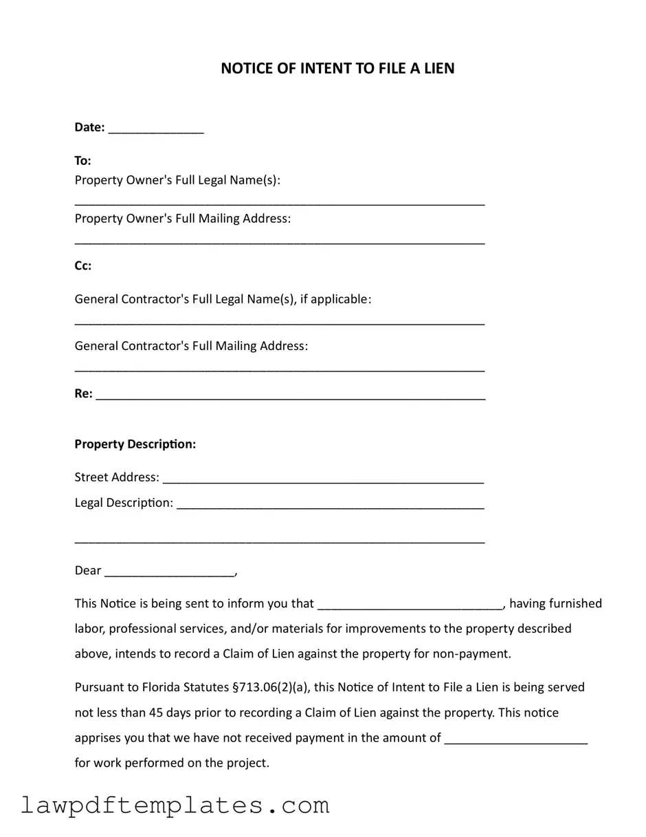 Fillable Intent To Lien Florida Template