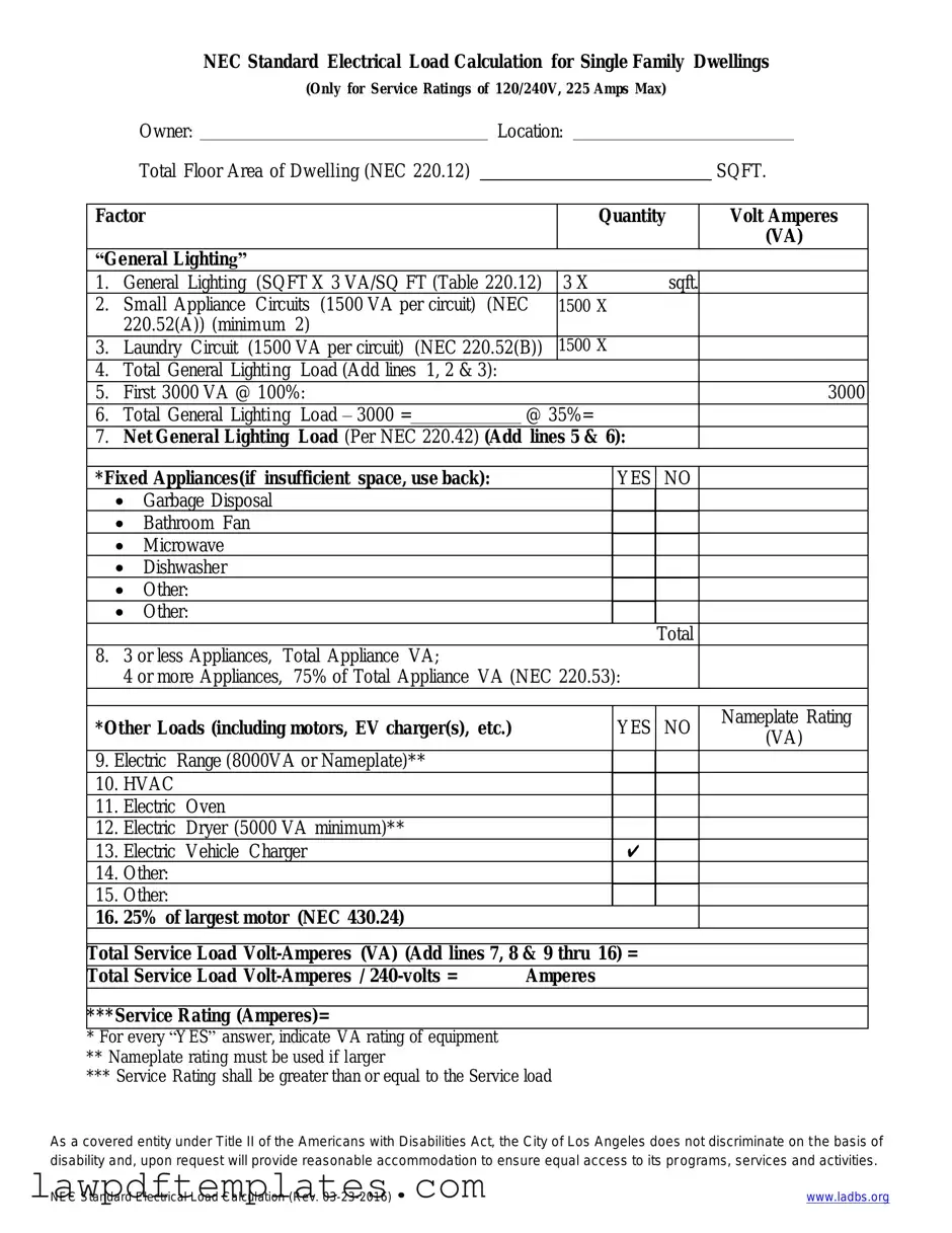 Fillable LADBS NEC Standard Electrical Load Calculation Template