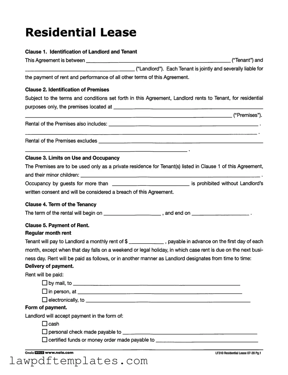 Fillable Lf310 Residential Lease Template