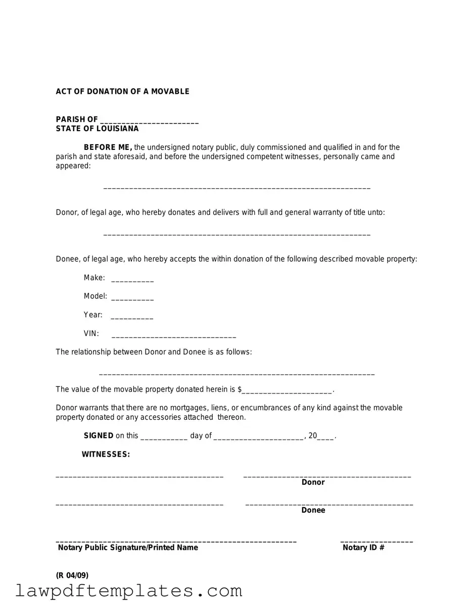 Fillable Louisiana act of donation Template